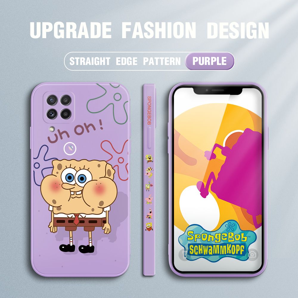 Jizetin for Samsung Galaxy A22 Case Side Design Phone Cover New Cartoon SpongeBob SquarePants Cover Square Edge Pattern Liquid Silicone Trend Case