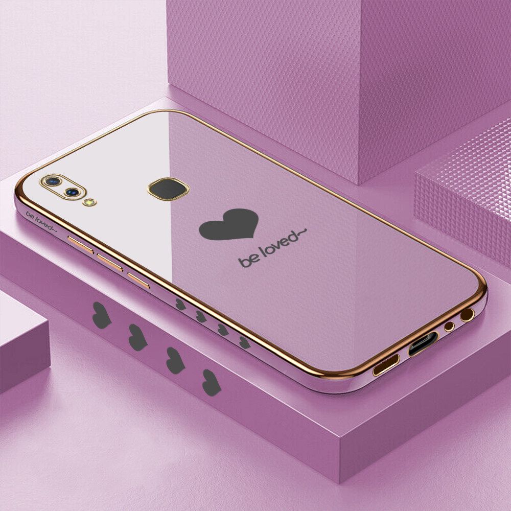 Luxury 6D Plating Soft Casing Silicone Square Frame Phone Case For Vivo V9 Case Shiny Bling Back Cover Lover Heart Square Edge Pattern Design Soft Case + Free Lanyard