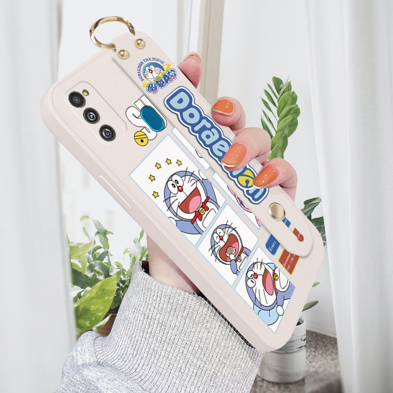 Jizetin for Samsung Galaxy M21 / M30S Wrist Strap Case Creative Cartoon Doraemon's Daily Life Cover Ultra Thin Anti Fall Liquid Silicone Phone Case