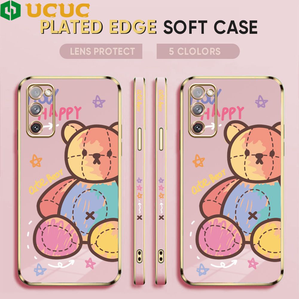 UCUC for Samsung Galaxy S20 FE 5G Back Cover + Free Lanyard Colorful Muppet Bear Luxury 6D Plating Case Side Pattern Soft Silicone Square Phone Cases