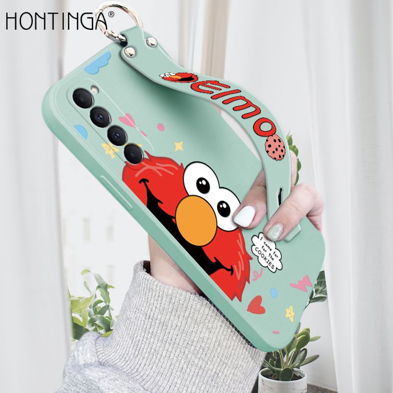 Hontinga for OPPO Reno4 Pro Wrist Strap Case Cute Cute Cartoon Little Monster Phone Cover Square Edge Liquid Silicone Case Full Cover Camera Shockproof Protective Cases