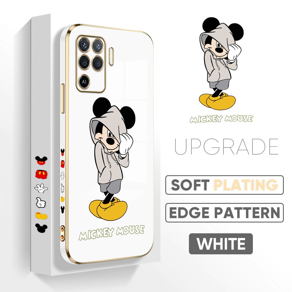 Jizetin (Free Lanyard) OPPO Reno5 F Cover Handsome Mouse Luxury 6D Plating Soft Casing Silicone Square Frame Phone Case Shiny Bling Back Cover