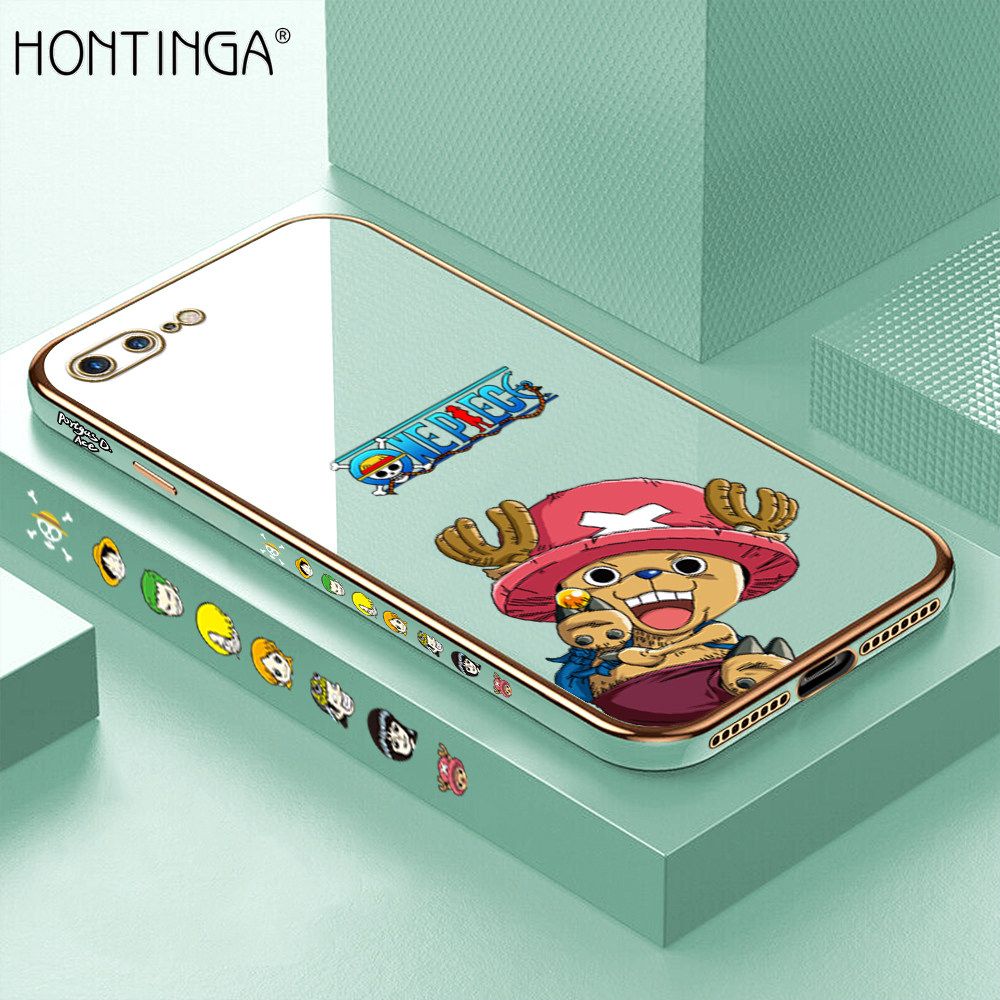 Hontinga for iPhone 7 Plus Back Cover + Free Lanyard Luxury 6D Plating Cute Cartoon Choba Side Pattern Case Soft Silicone Square Mobile Cover