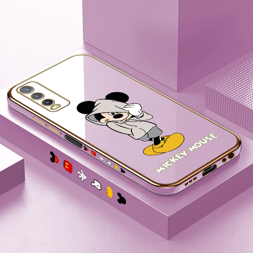 Luxury 6D Plating Case for Vivo Y20 2021 Cartoon Cool Mouse Side Pattern Back Cover Soft Silicone Square Frame Shiny Bling Phone Cases + Free Lanyard