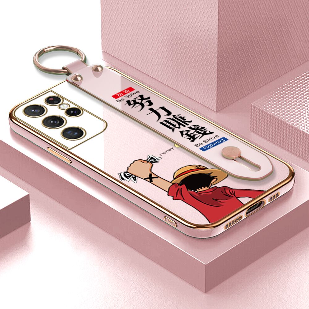 TA for Samsung S21 Ultra 5G Wrist Strap Back Cover Struggle Luffy Fashion Luxury 6D Plating Soft Casing Silicone Square Frame Phone Case
