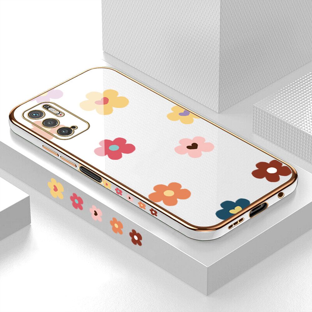 Luxury 6D Plating Case for Xiaomi Poco M3 Pro 5G Color Cartoon Flowers Side Pattern Back Cover Soft Silicone Square Frame Shiny Bling Phone Cases + Free Lanyard