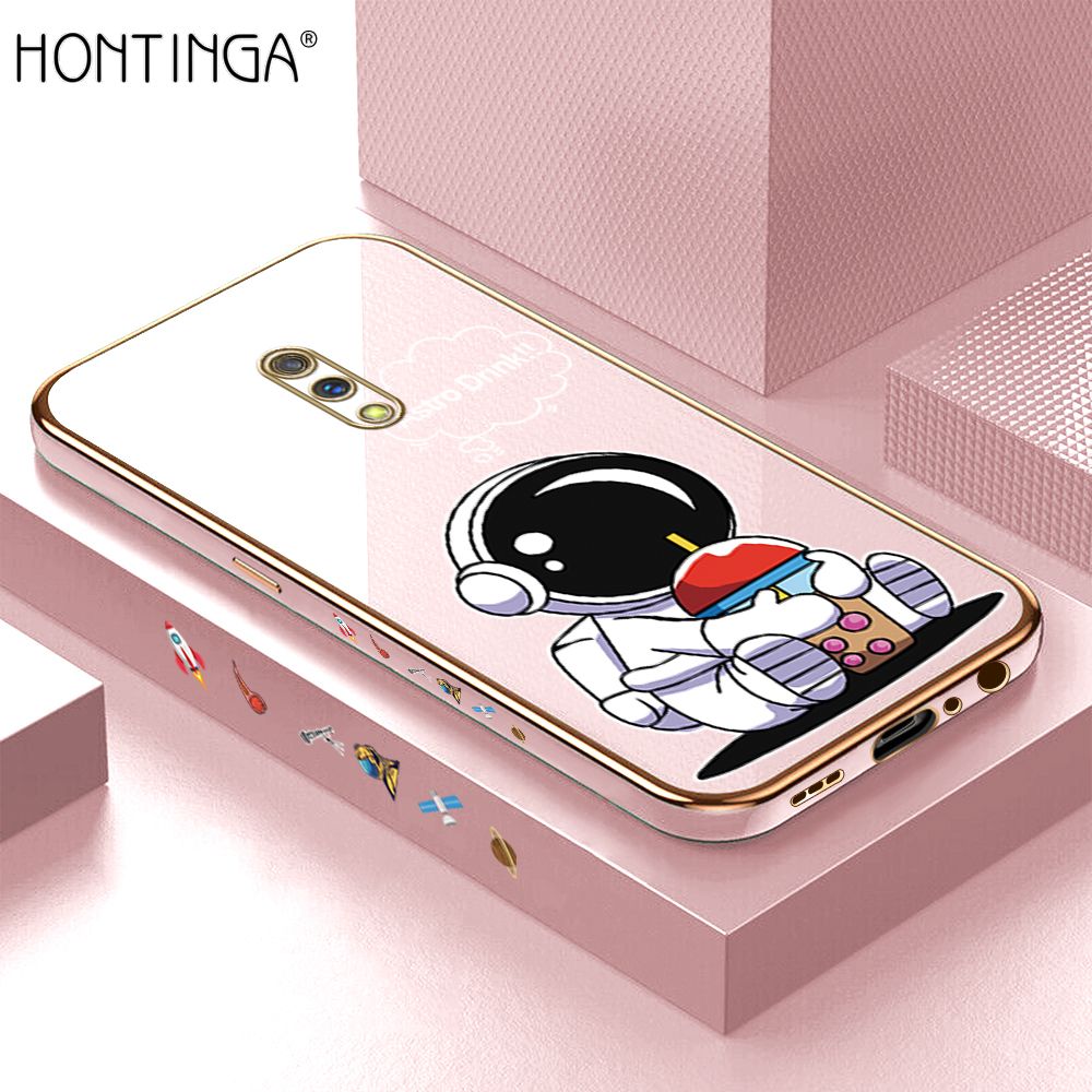 Hontinga for Realme X OPPO K3 Back Cover + Free Lanyard Luxury 6D Plating Cartoon Happy Astronaut Side Pattern Case Soft Silicone Square Mobile Cover