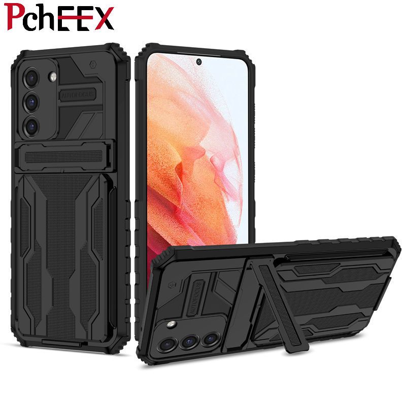 For Samsung Galaxy S21 FE Phone Case Armor Hard Military Grade Bumper Slot Card Kickstand Cover