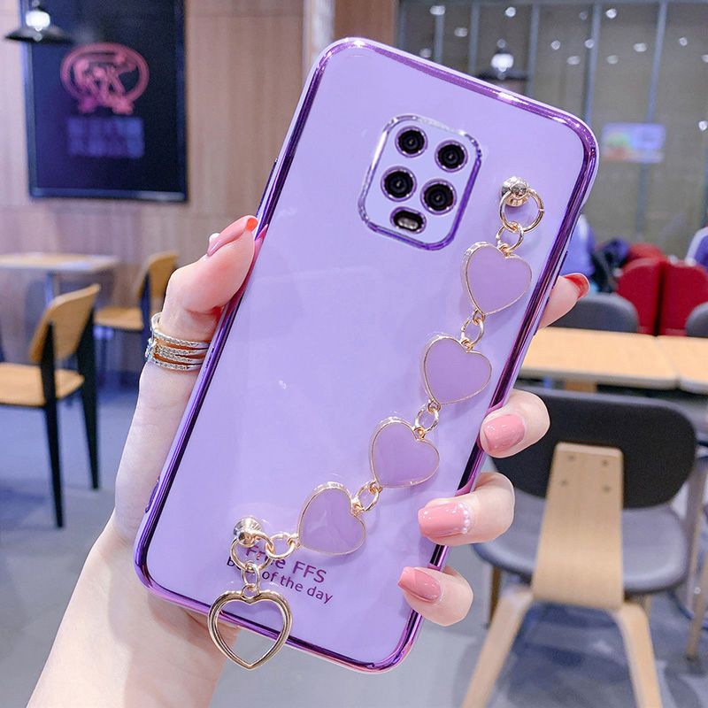For Xiaomi Redmi Note 9S Back Cover with Love Heart Chain Wrist Strap Fashion Bracelet Shiny Plating Bumper Protective Case Silicone Shockproof Mobile Phone Cases