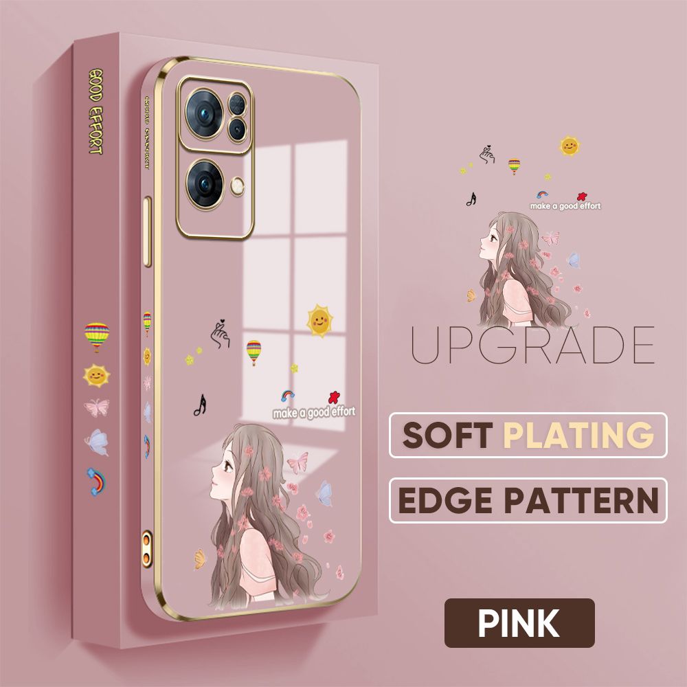 Jizetin (Free Lanyard) OPPO Reno7 Pro 5G Back Cover Butterfly Girl Luxury 6D Plating Case Side Pattern Soft Silicone Square Mobile Phone Cases