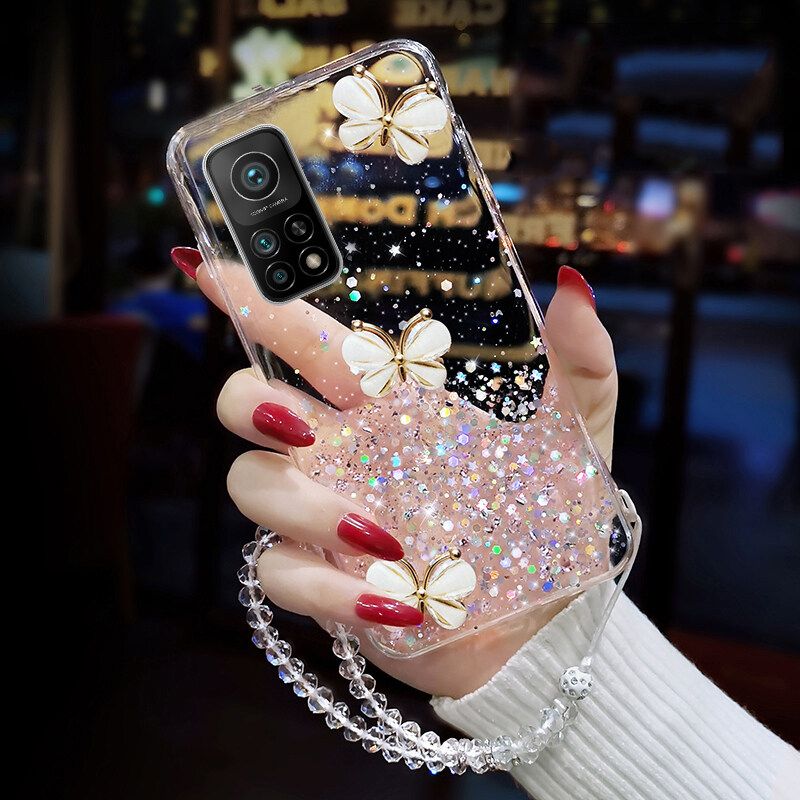 Phone case Xiaomi 10T Shiny Ring Case Glitter Soft Transparent Butterfly Cases For Xiaomi Mi 10T Back Cover + Free Crystal Chain