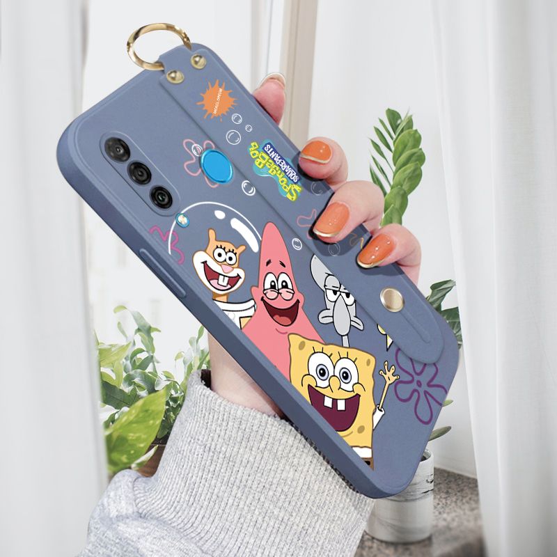 ZeroQiQi for Huawei Nova 4E Wrist Strap Case Cute Cute Funny Cartoon Sponge for Square Pants Cover Square Edge Liquid Silicone Anti-drop Phone Case