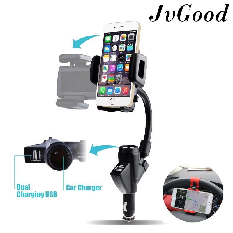 Car Mounts Car Charger Phone Mount Holder Cradle Stand with Dual USB Charger Car Lighter Power Adapter Car Mount Charger Universal Phone Bracket with FREE Car Steerling Wheel Phone Socket Holder