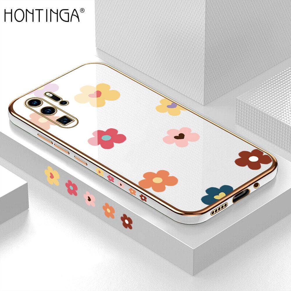 Hontinga for Huawei P30 Pro Back Cover + Free Lanyard Luxury 6D Plating Falling Flower Side Pattern Case Soft Silicone Square Mobile Cover