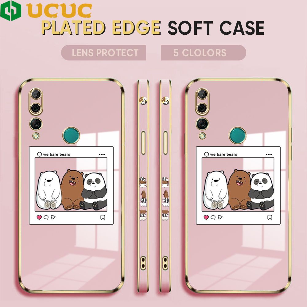 UCUC for Huawei Y9 Prime 2019 Cover Bears Photo Luxury 6D Plating Soft Casing Silicone Square Frame Phone Case Shiny Bling Back Cover + Free Lanyard