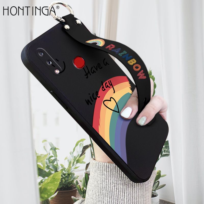Hontinga for Samsung Galaxy A10S Wrist Strap Case Lovely Graffiti Rainbow Smile Thin Phone Cover Square Edge Liquid Silicone Creativity Phone Case
