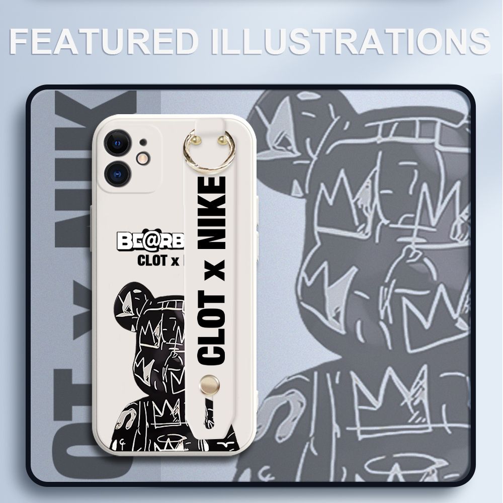 UCUC for iPhone 12 Mini Wrist Strap Case Creative Cartoon Black Stitching Bear Cover Ultra Thin Anti Fall Liquid Silicone Phone Case