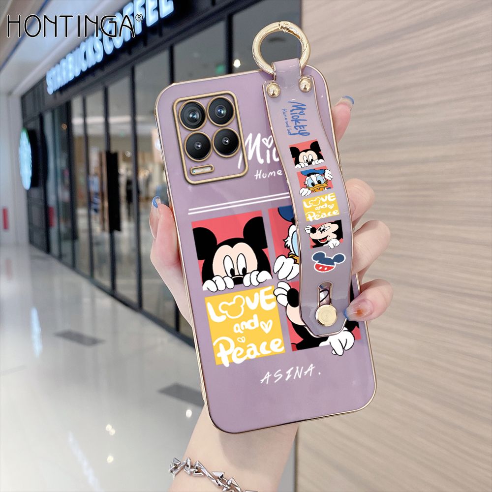 Hontinga for Realme 8 5G Back Cover With Wristband Luxury 6D Plating Cartoon Case Soft Silicone Square Phone Cases