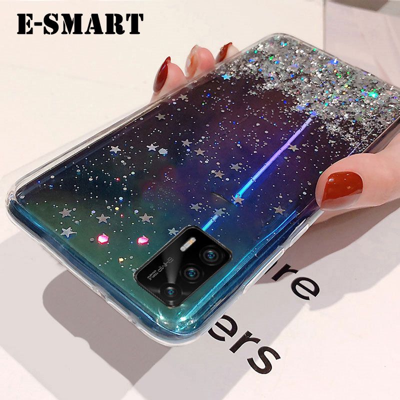 Phone Case Realme GT Back Cover Glitter Silicone Soft Cases Starry Sky String Glitter Transparent Space Stars Moon Realme GT case