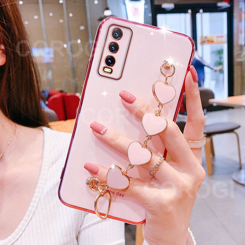 For Vivo Y12S Cover + Love Heart Bracelet Fashion Shiny Wrist Chain Plating Bumper Slim Phone Case Soft TPU Silicone Shockproof Protective Back Cover
