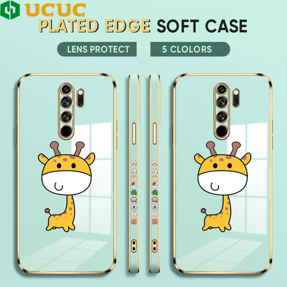 UCUC for Redmi Note 8 Pro Back Cover + Free Lanyard Big Head Giraffe Luxury 6D Plating Case Side Pattern Soft Silicone Square Phone Cases
