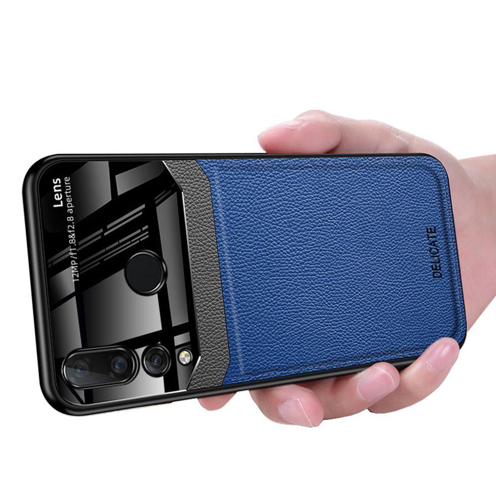 Casing for Huawei Nova 4 Business Slim Litchi Skin Anti-slip TPU Bumper Hybrid Glass Lens Protective Case Cover