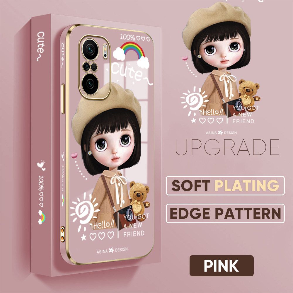 TA for Xiaomi Poco F3 / Redmi K40 / Redmi K40 Pro Back Cover + Free Lanyard Satchel Girl Luxury 6D Plating Case Side Pattern Soft Silicone Square Phone Cases