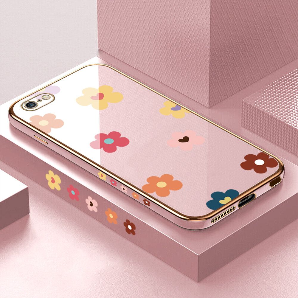 Luxury 6D Plating Case for iPhone 6S Plus Color Cartoon Flowers Side Pattern Back Cover Soft Silicone Square Frame Shiny Bling Phone Cases + Free Lanyard