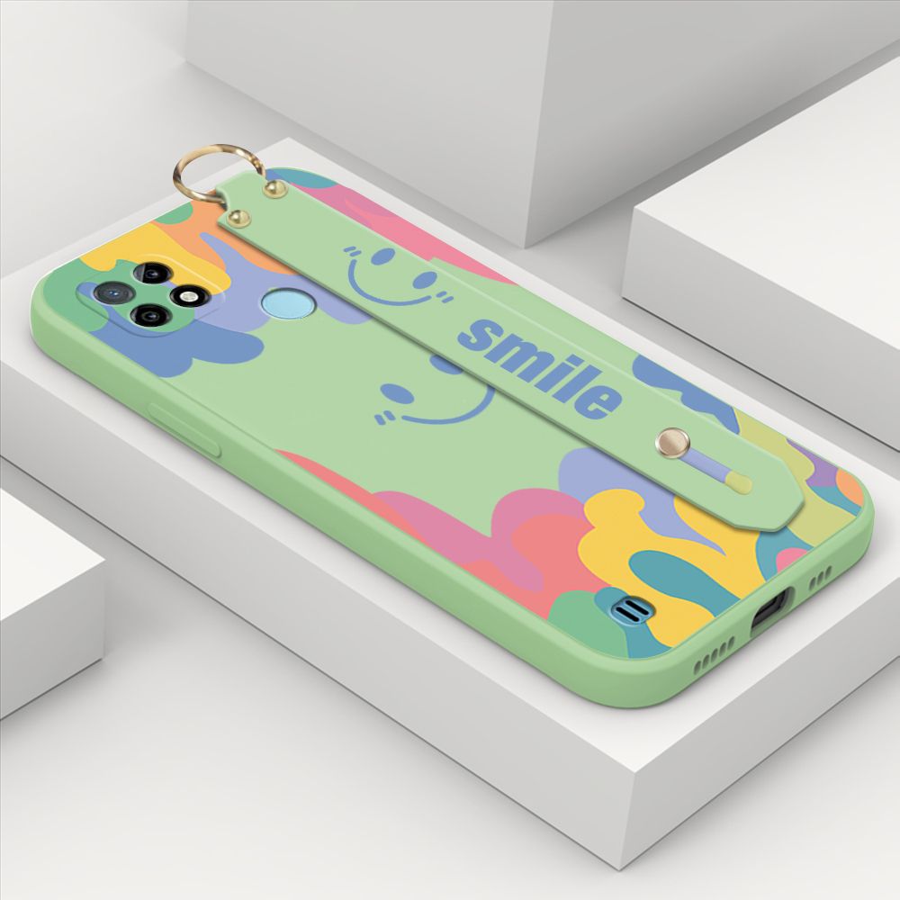 ZeroQiQi for Realme C21 Wrist Strap Case Soft Candy Color Splash Ink Cover Trend Square Printed Pattern Liquid Silicone Phone Case