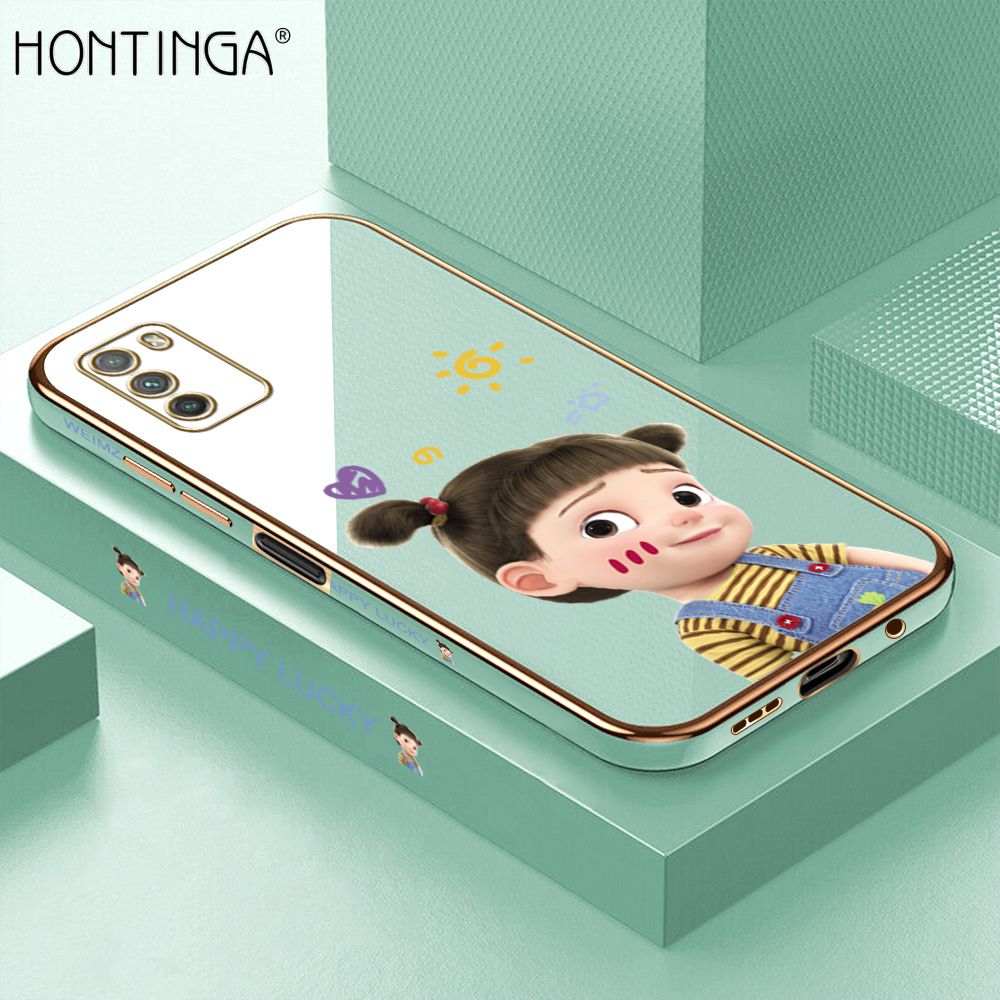 Hontinga for Xiaomi Poco M3 Back Cover + Free Lanyard Luxury 6D Plating Cute Cartoon Happy Girl Side Pattern Case Soft Silicone Square Phone Cases
