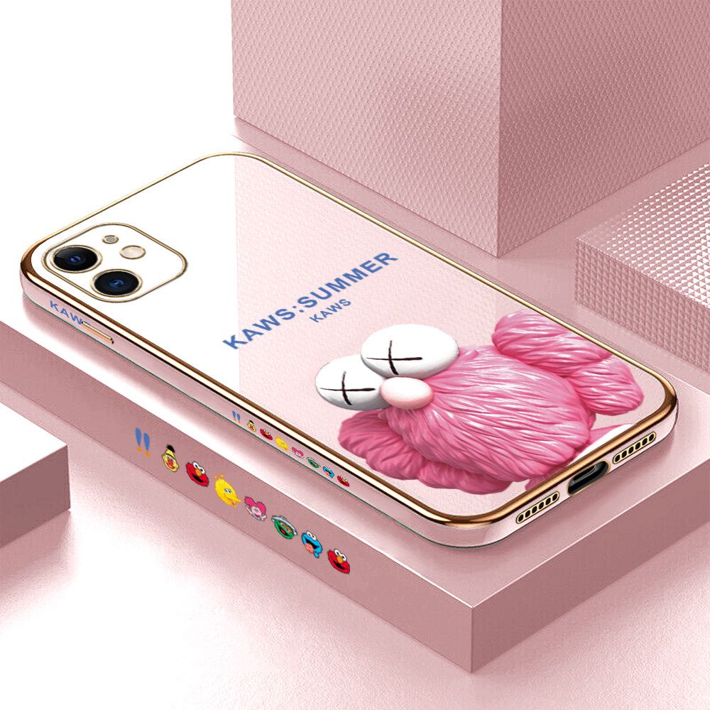 Luxury 6D Plating Soft Casing Silicone Square Frame Phone Case For iPhone 11 Case Shiny Bling Back Cover Cartoon Pink Doll Square Edge Pattern Design Soft Case + Free Lanyard
