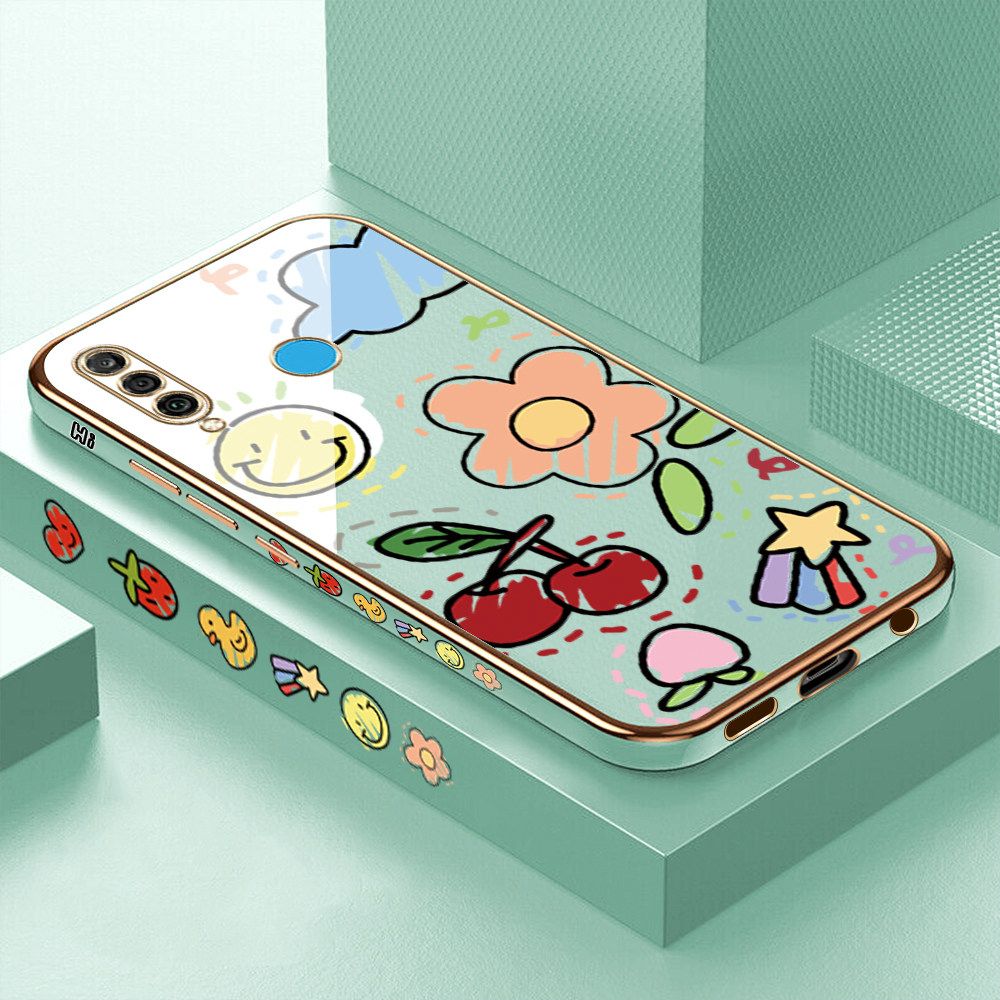Luxury 6D Plating Case for Huawei P30 Lite Color Cartoon cherry Peach Side Pattern Back Cover Soft Silicone Square Frame Shiny Bling Phone Cases + Free Lanyard