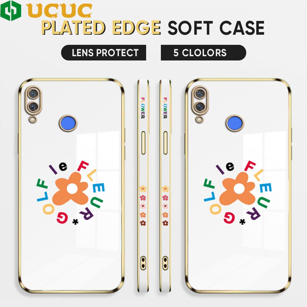 UCUC for Huawei Nova 3i P Smart Plus Back Cover + Free Lanyard Colorful Flower Luxury 6D Plating Case Side Pattern Soft Silicone Square Phone Cases