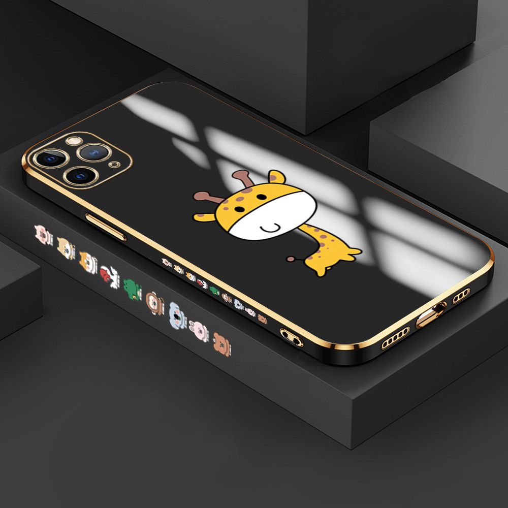 Jizetin (Free Lanyard) iPhone 11 Pro Case Cute Cartoon Big Head Giraffe Luxury 6D Plating Soft Casing Silicone Ultra Thin Phone Cover