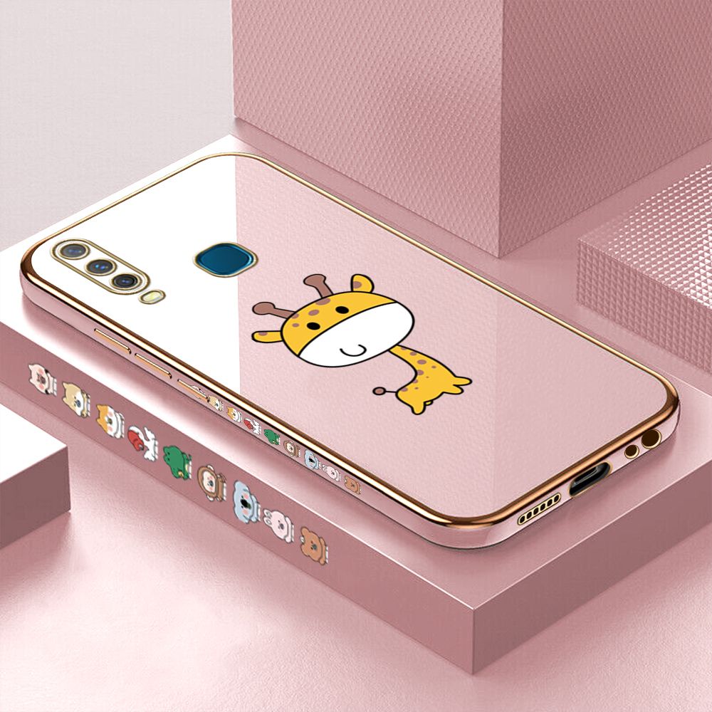 Luxury 6D Plating Case for Vivo Y15 Color Cute Giraffe Side Pattern Back Cover Soft Silicone Square Frame Shiny Bling Phone Cases + Free Lanyard