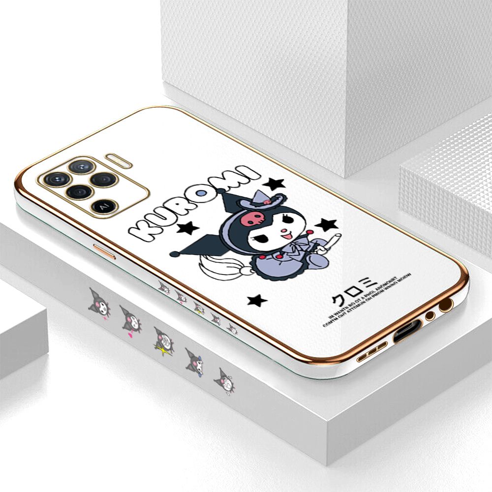 Luxury 6D Plating Case for OPPO Reno5 F Cartoon Little Witch Side Pattern Back Cover Soft Silicone Square Phone Cases + Free Lanyard
