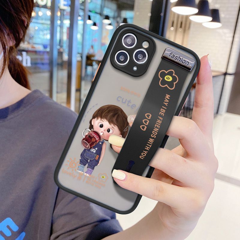 UCUC for iPhone 11 Pro Wrist Strap Case Girl Drinking Cola Wristband Printing Cover Shockproof Ultra Thin Phone Case