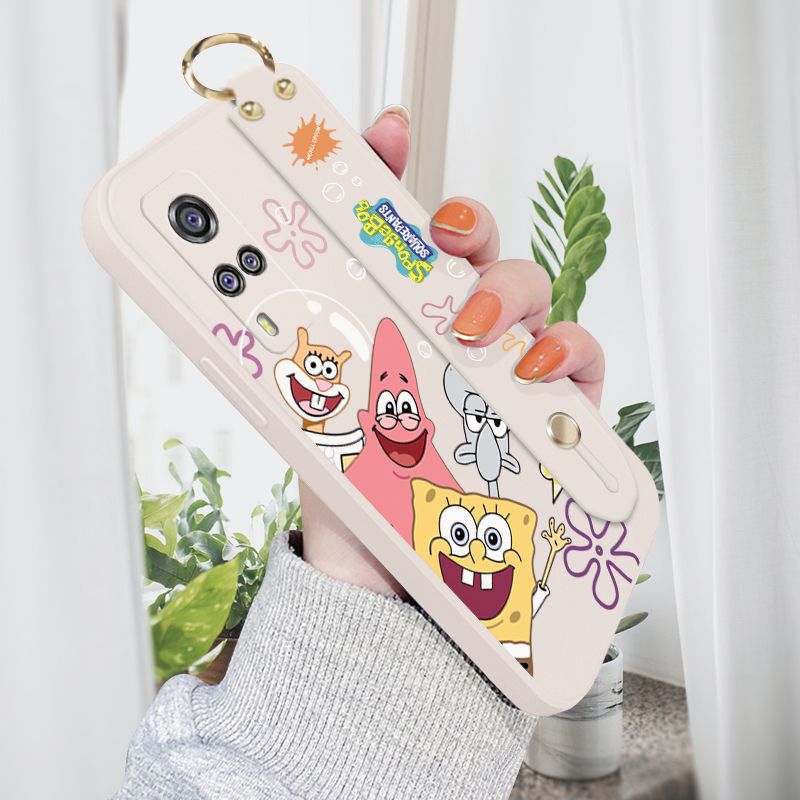 ZeroQiQi for Vivo Y53S 4G Wrist Strap Case Cute Cute Funny Cartoon Sponge for Square Pants Cover Square Edge Liquid Silicone Anti-drop Phone Case