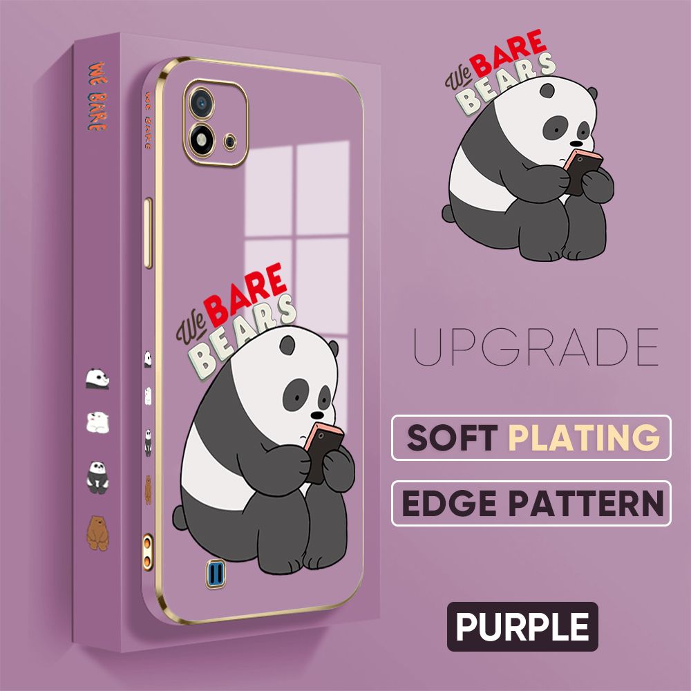 Jizetin (Free Lanyard) Realme C11 2021 Cover Panda Reading Luxury 6D Plating Soft Casing Silicone Square Frame Phone Case Shiny Bling Back Cover