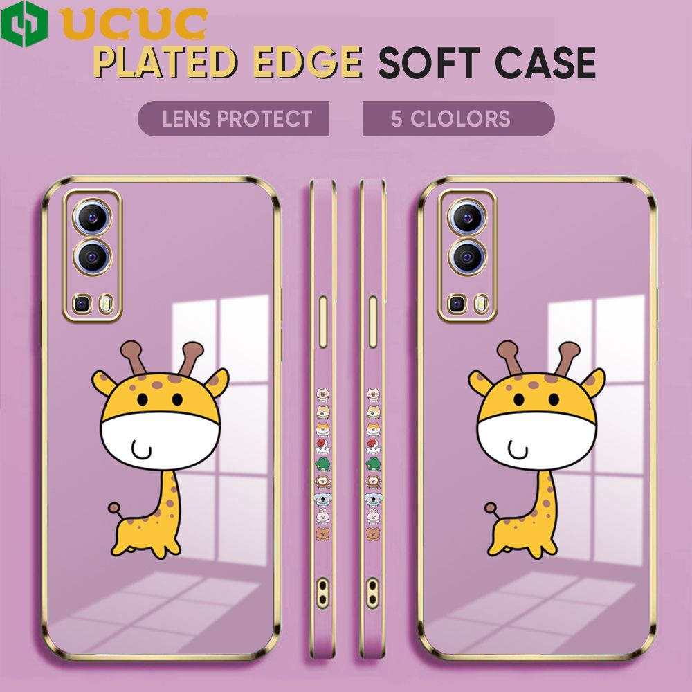 UCUC for Vivo Y52 5G / Y72 5G Back Cover + Free Lanyard Big Head Giraffe Luxury 6D Plating Case Side Pattern Soft Silicone Square Phone Cases