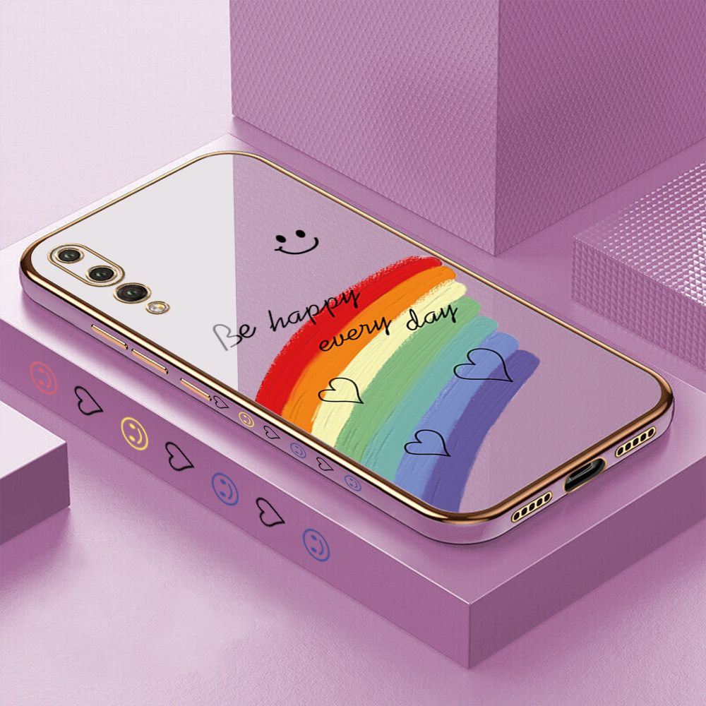 Luxury 6D Plating Case for Huawei P20 Pro Smile Rainbow Lover Heart Side Pattern Back Cover Soft Silicone Square Frame Shiny Bling Phone Cases + Free Lanyard