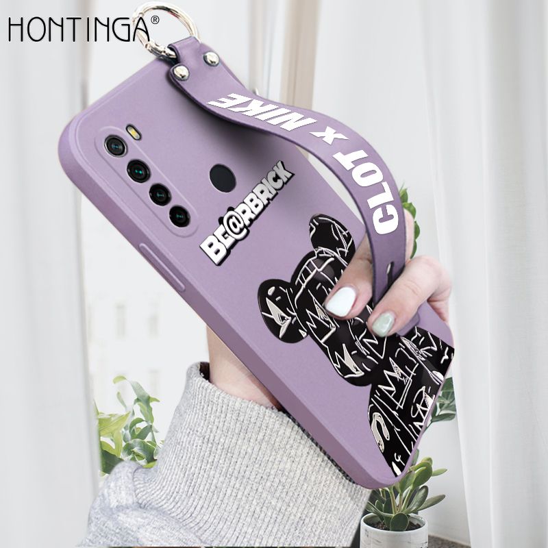 Hontinga for Xiaomi Redmi Note 8 Wrist Strap Case Fashion Black Brand Bear Phone Case Square Edge Liquid Silicone Cases Full Cover Camera Shockproof Protection Cases