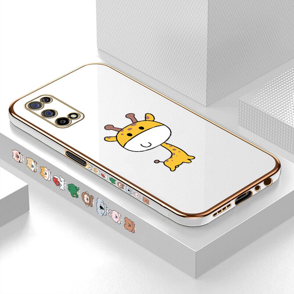 Luxury 6D Plating Case for Realme 7 5G Color Cute Giraffe Side Pattern Back Cover Soft Silicone Square Frame Shiny Bling Phone Cases + Free Lanyard