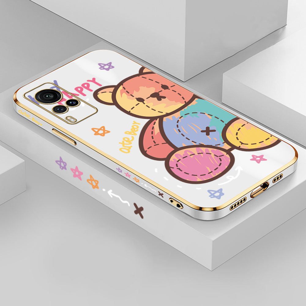 Jizetin (Free Lanyard) Vivo X60 Case Color Doll Bear Luxury 6D Plating Soft Casing Silicone Ultra Thin Phone Cover