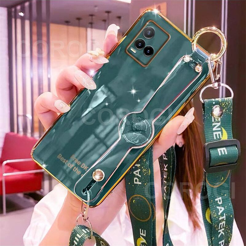 For Vivo Y33s / Vivo Y21 Cover with [Lanyard + Wrist Strap Stand Holder] Ultra Thin Plating Bumper Phone Case Camera Lens Protection Soft TPU Silicone Shockproof Protective Back Cover