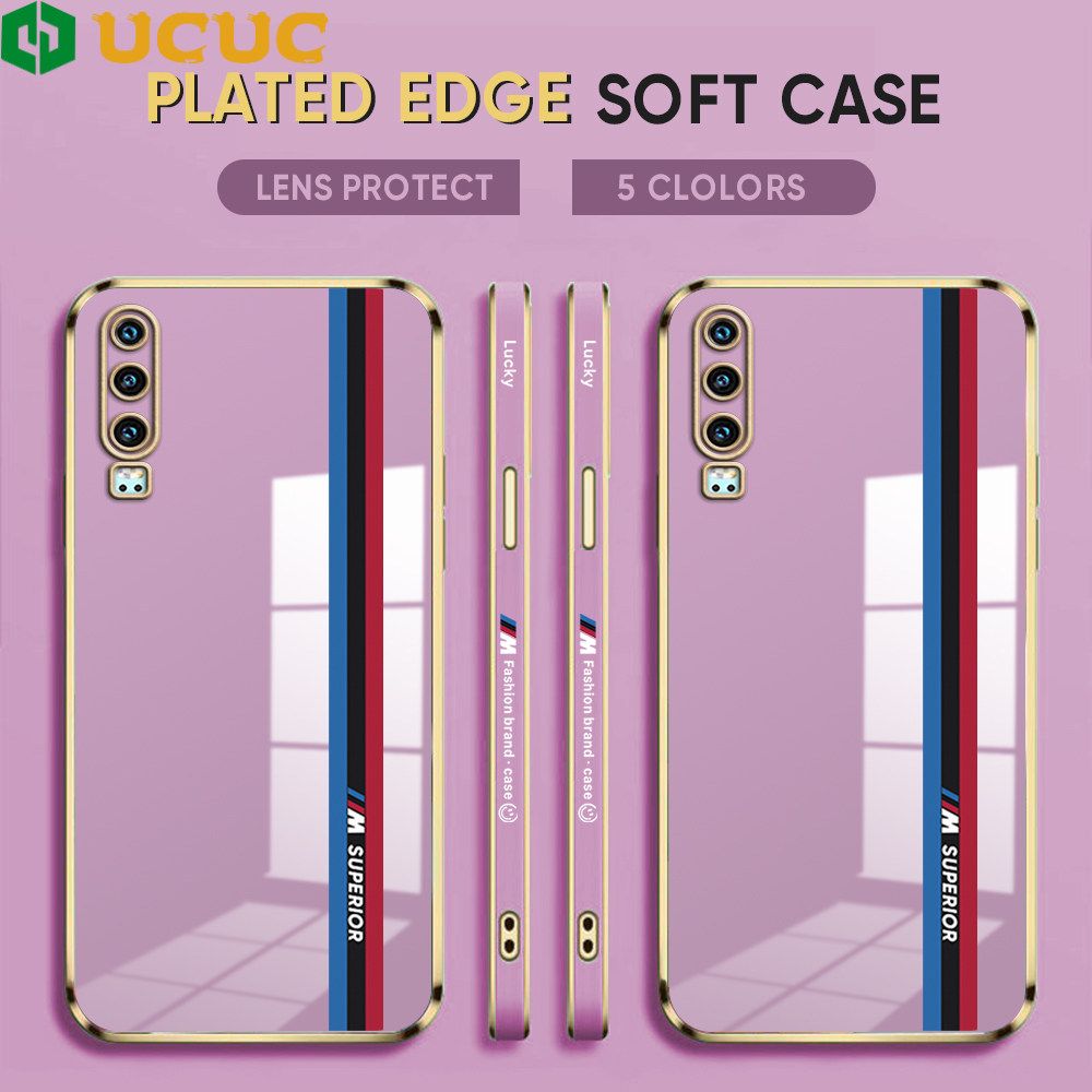 UCUC for Huawei P30 Back Cover + Free Lanyard Track Sign Luxury 6D Plating Case Side Pattern Soft Silicone Square Phone Cases