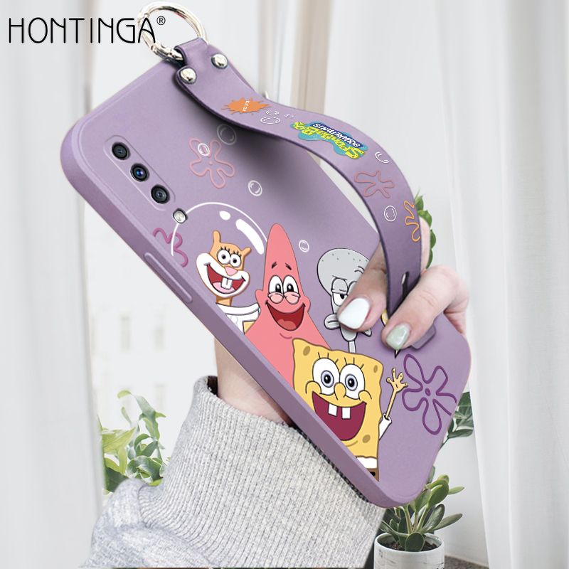 Hontinga for Samsung Galaxy A70 Wrist Strap Case Cute Cute Funny Cartoon Sponge for Square Pants Cover Square Edge Liquid Silicone Anti-drop Phone Case