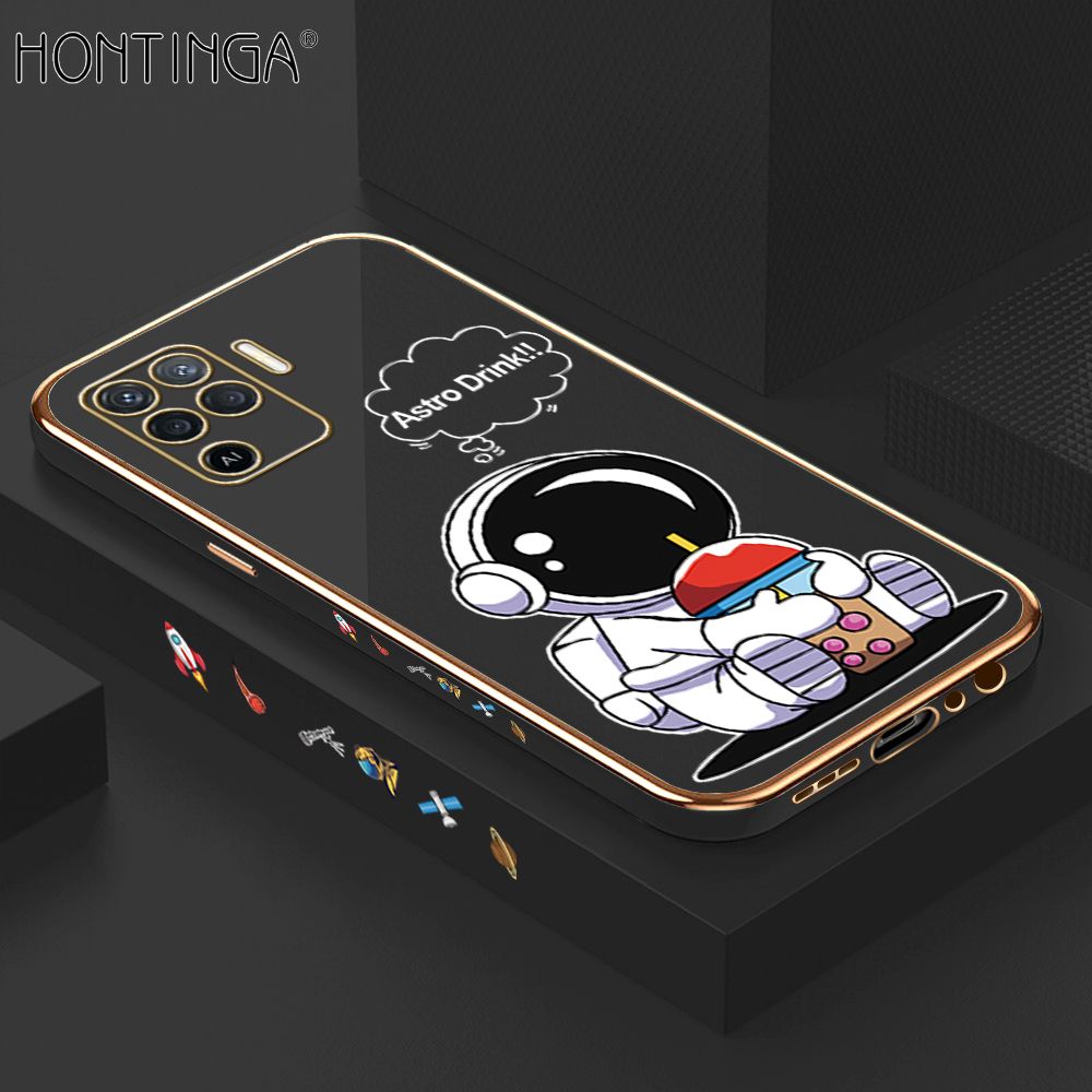 Hontinga for OPPO F19 Pro A94 Reno 5F Back Cover + Free Lanyard Luxury 6D Plating Cartoon Happy Astronaut Side Pattern Case Soft Silicone Square Mobile Cover
