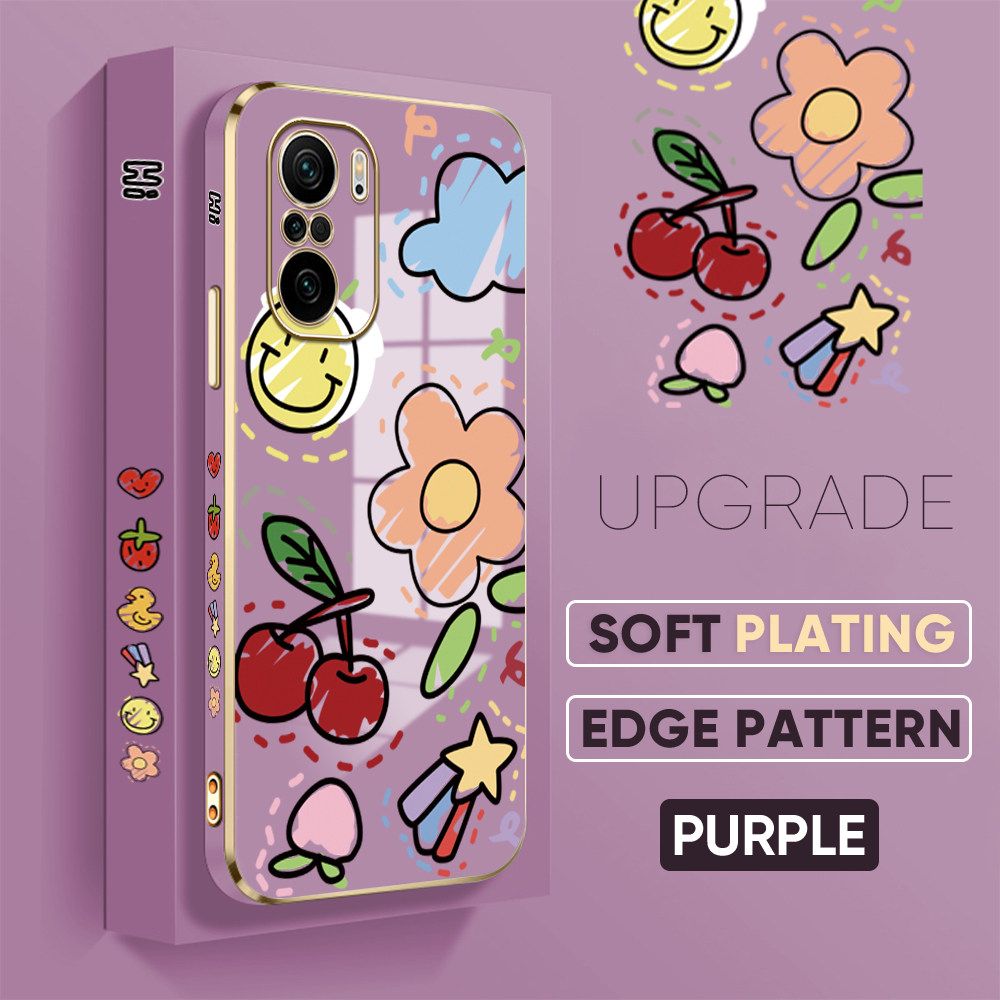 TA for Redmi K40 / K40 Pro / Xiaomi Poco F3 Back Cover + Free Lanyard Colorful Fruit Painting Luxury 6D Plating Case Side Pattern Soft Silicone Square Phone Cases