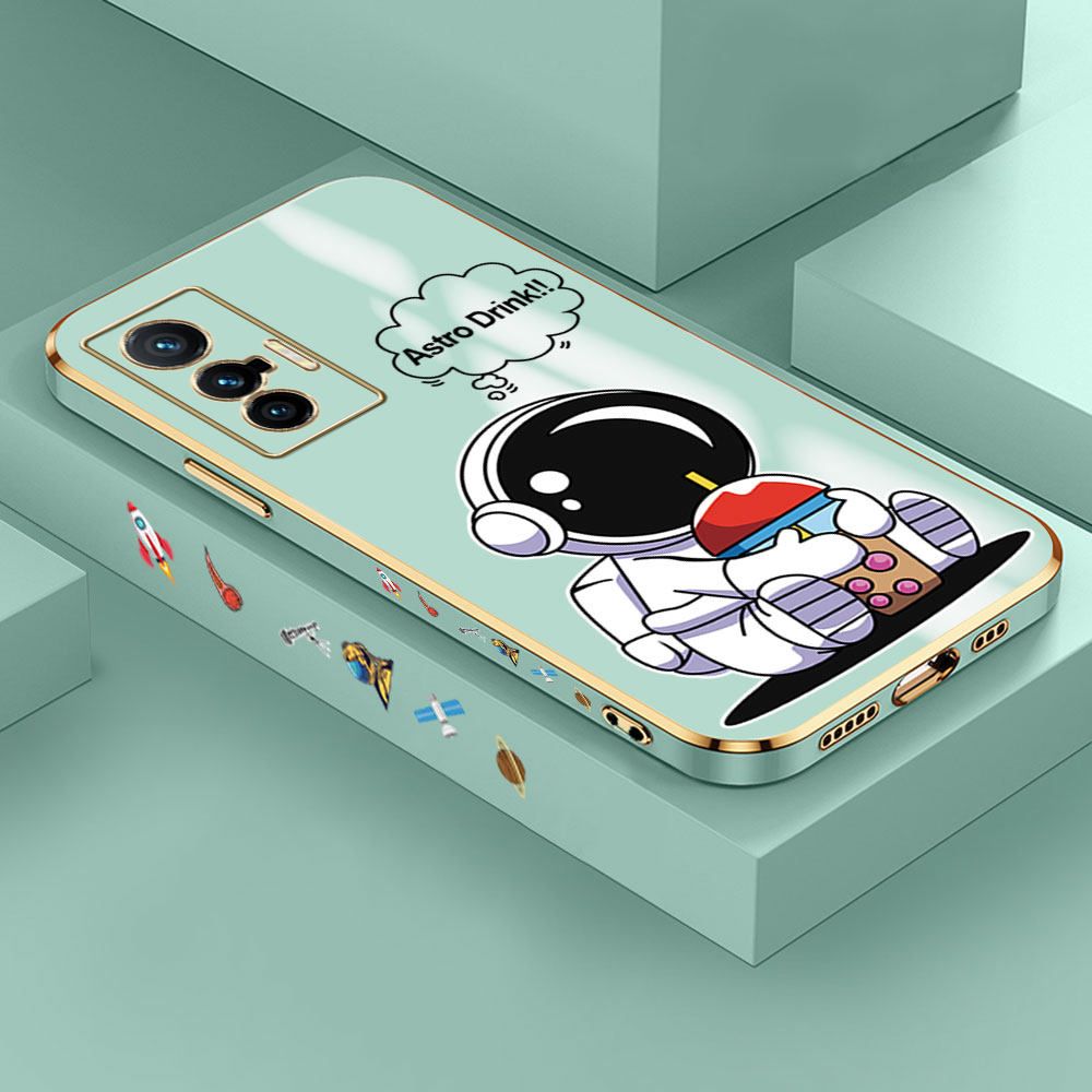 Jizetin (Free Lanyard) Vivo X70 5G Case Cute Cartoon Drink Astronaut Luxury 6D Plating Soft Casing Silicone Ultra Thin Phone Cover